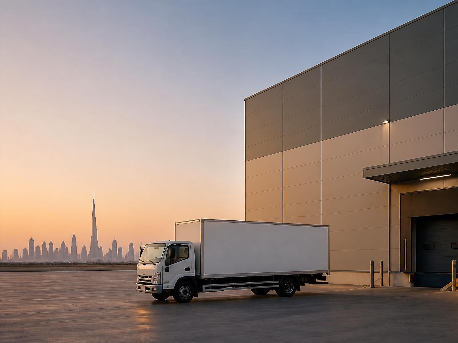 A white light-duty box truck parked at a modern Dubai warehouse loading dock at soft dusk, with the city skyline in the distance.