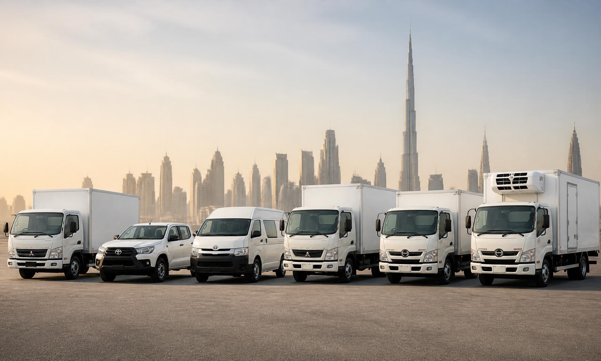 Javed Abdul Rehman Cargo Transport fleet — box trucks, Toyota Hilux, Toyota Hiace van and Hino refrigerated freezer truck against the Dubai skyline
